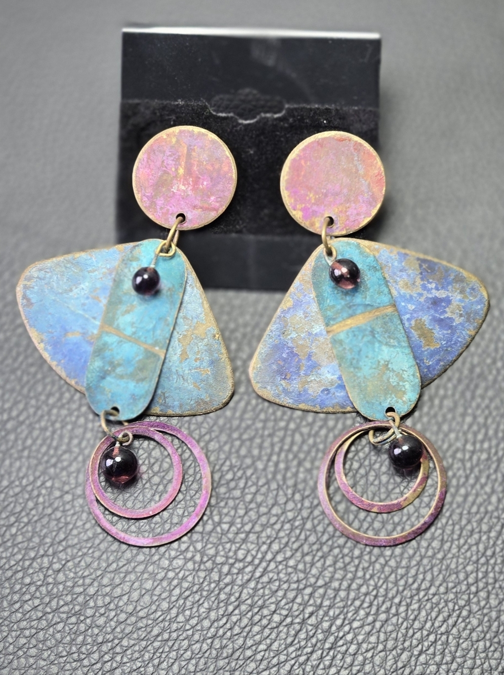 Vintage Earrings 80s 90s Multicolor Blue & Pink Patina Drop Dangly Geometric